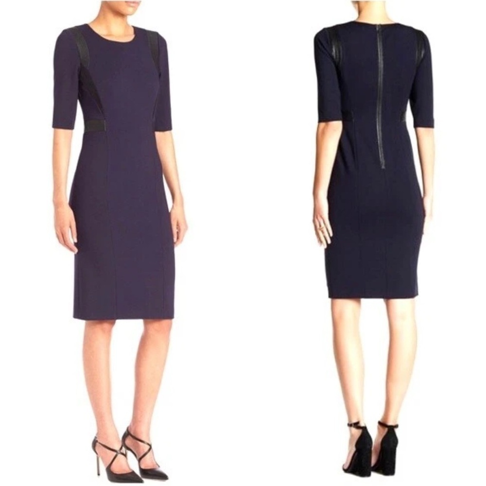 Rebecca Taylor navy blue sheath dress with black faux leather and lace accents